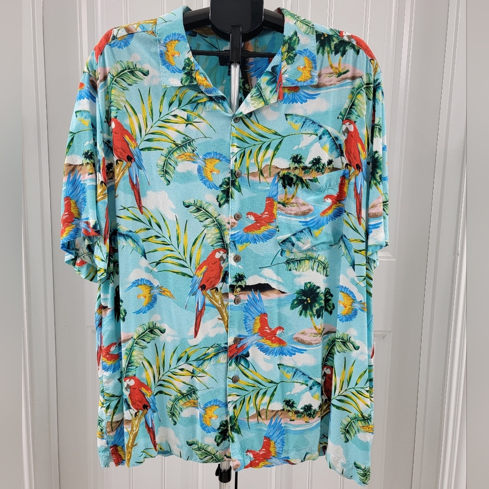 Hawaiian style button-down shirt with swim trunks